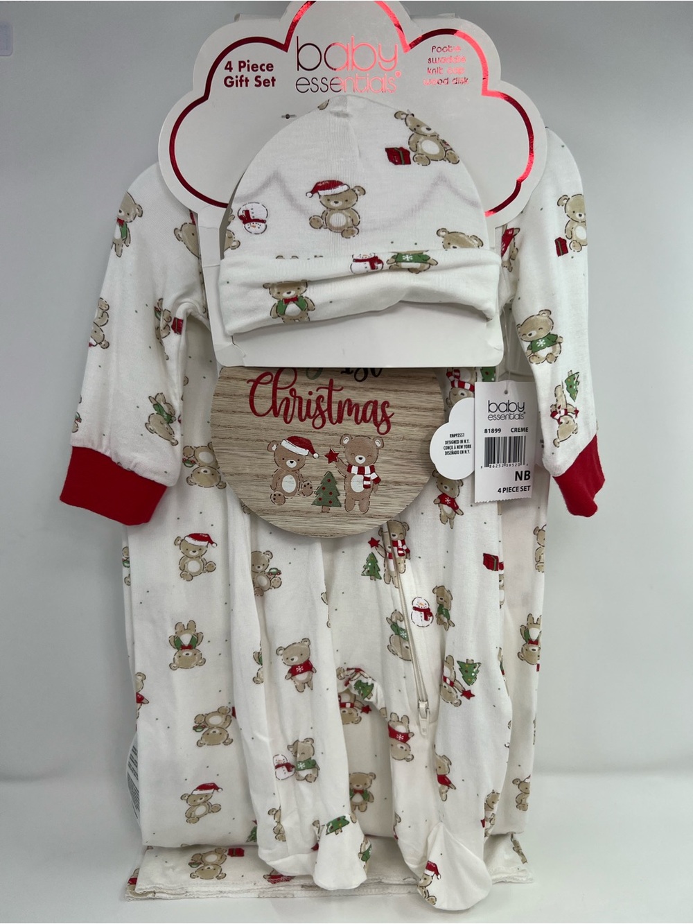 BABY ESSENTIALS Newborn Christmas 4-Piece Gift Set Footie Swaddle Hat Ornament
